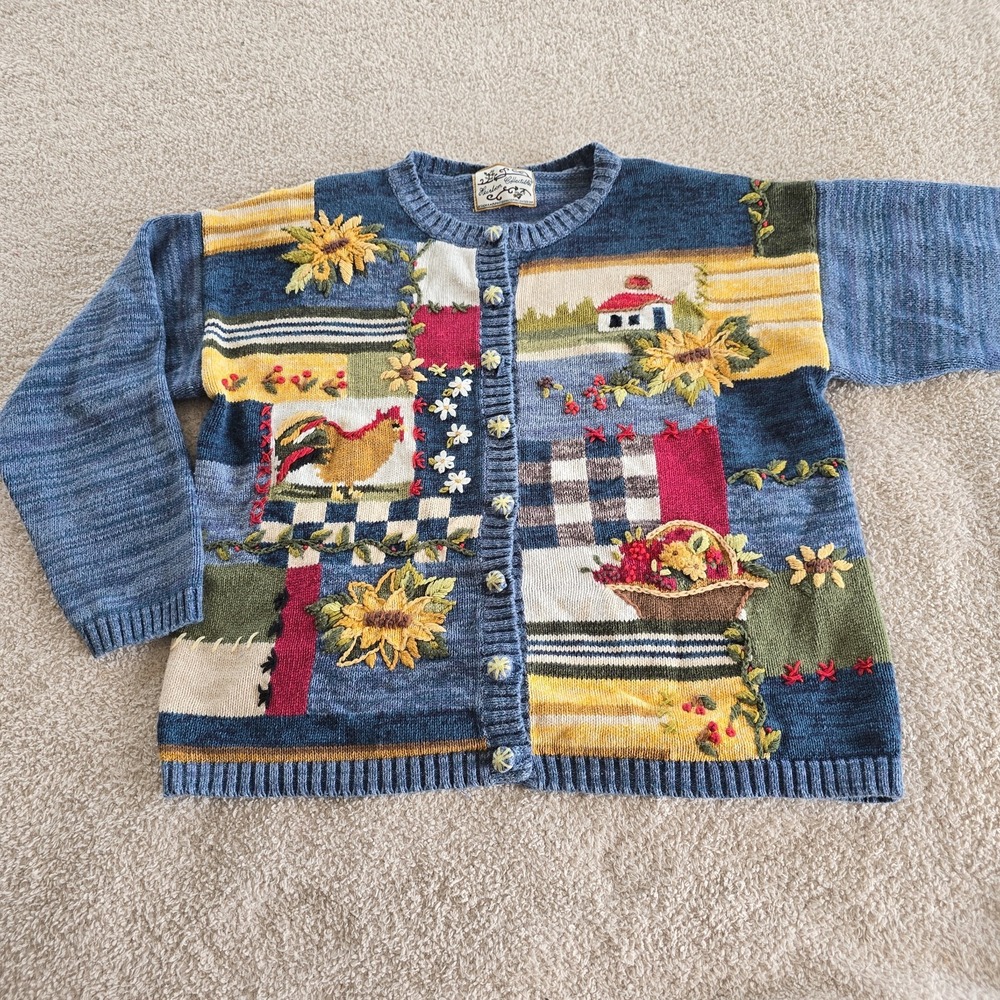 Vtg Heirloom Collectibles Cardigan Rooster Sunflower Farmhouse Cottagecore L Fit